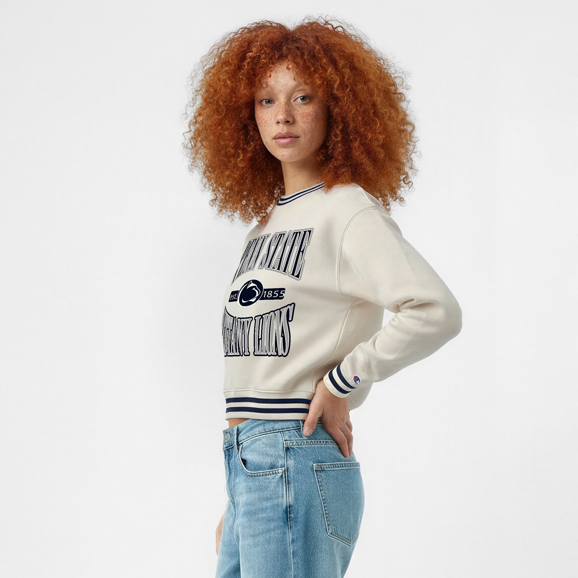 Women's Champion White Penn State Nittany Lions Yarn Dye Rib Reverse Weave Crew Sweatshirt